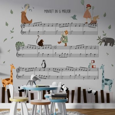 Müzik Notaları Üzerindeki Sevimli Hayvanlarla Çocuk Odası Duvar Kağıdı