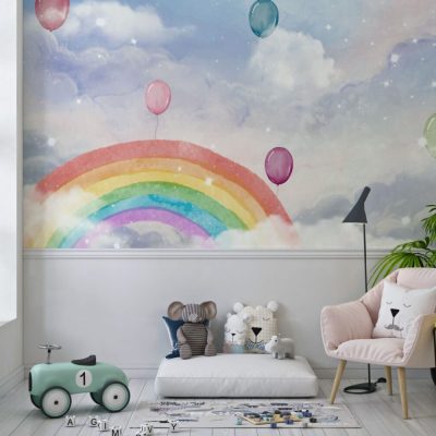 Gökkuşağı ve Uçan Balonlarla Neşeli Çocuk Odası Duvar Kağıdı
