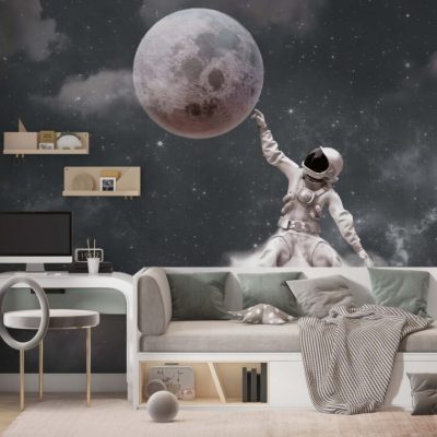 Uzayın Gizemi Ay ve Astronot Figürleriyle Duvar Kağıdı