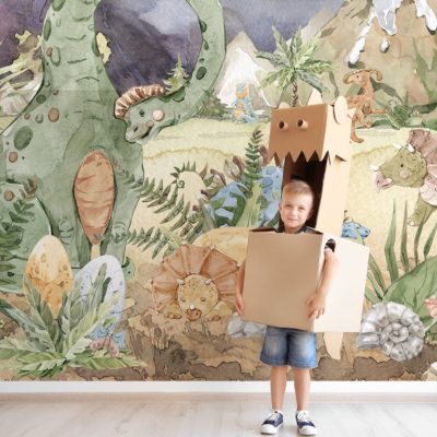 Safari Temalı Eğlenceli Dinozor Figürleri Duvar Kağıdı