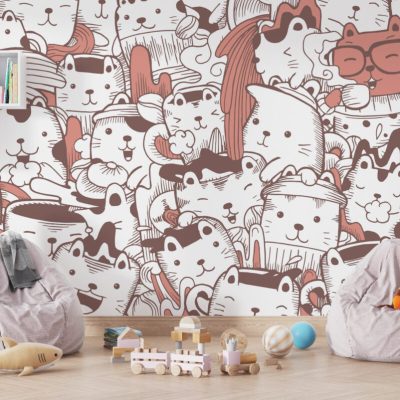Soft Turuncu Zeminde Şirin Minnoş Desenleriyle Çocuk Odası Duvar Kağıdı