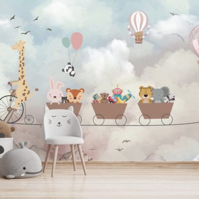 Bisiklet Süren Zürafa ve Uçan Balonlarla Neşeli Duvar Kağıdı