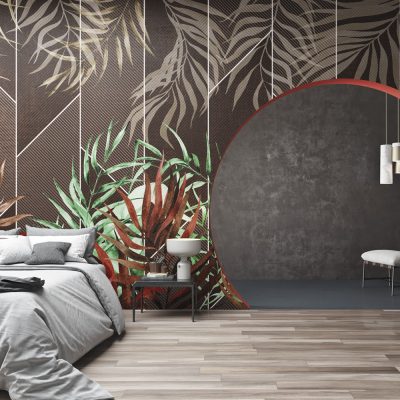 Tropikal Yapraklar ve Modern Geometrik Şekillerin Uyumu Duvar Kağıdı