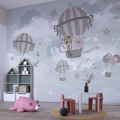 Uçan Hayvanlar Soft Tonlarda Uçan Balon İçerisindeki Hayvanların  Neşeli Dünyası Duvar Kağıdı