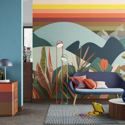 Renkli Dağların Modern Geometrik Desenlerle Buluştuğu Duvar Kağıdı