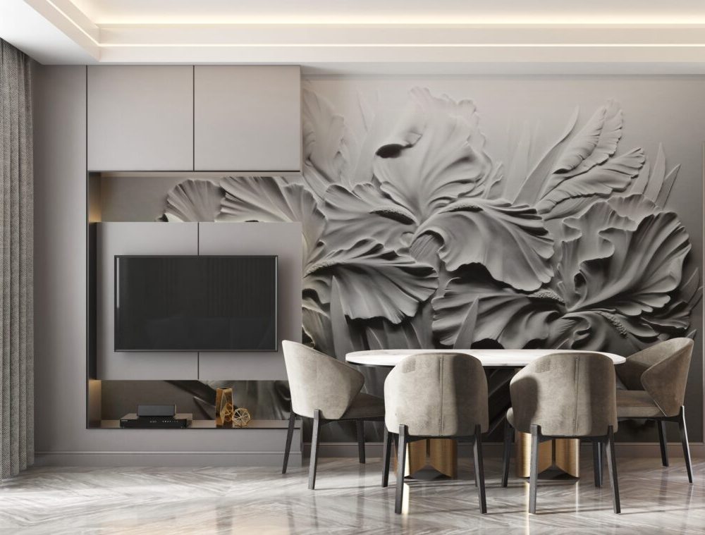 Gri Tonlarında Modern Yaprak Deseni Duvar Kağıdı