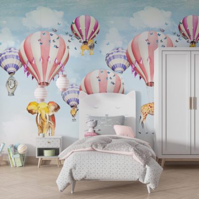 Hayvanları Taşıyan Uçan Balon Figürlü Duvar Kağıdı