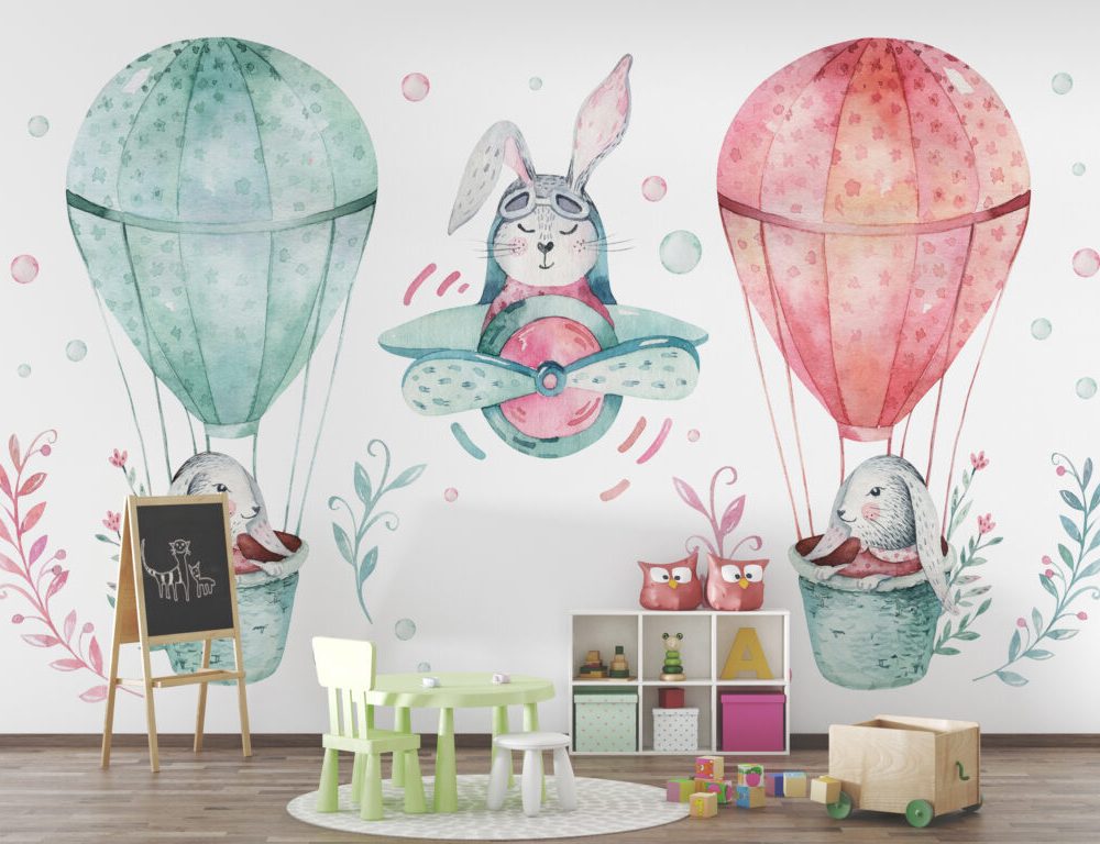 Tavşanları Taşıyan Uçan Balon Figürlü Duvar Kağıdı