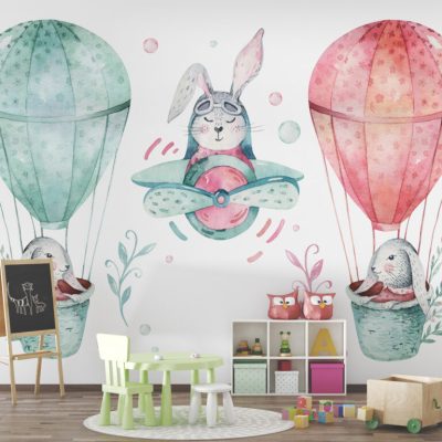 Tavşanları Taşıyan Uçan Balon Figürlü Duvar Kağıdı