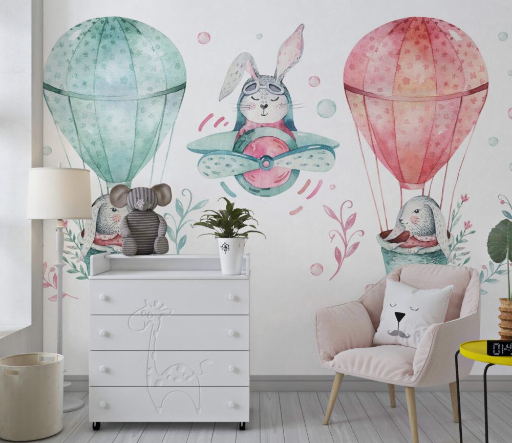 Tavşanları Taşıyan Uçan Balon Figürlü Duvar Kağıdı