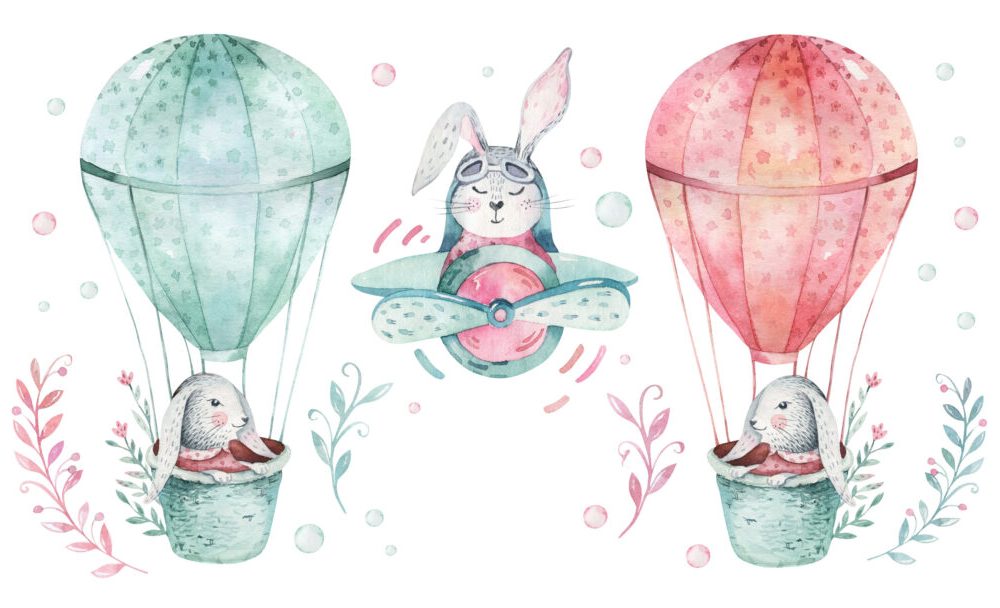 Tavşanları Taşıyan Uçan Balon Figürlü Duvar Kağıdı