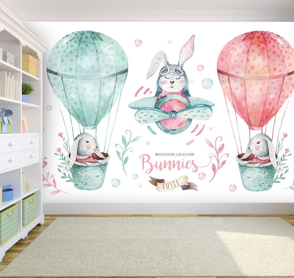Tavşanları Taşıyan Uçan Balon Figürlü Duvar Kağıdı