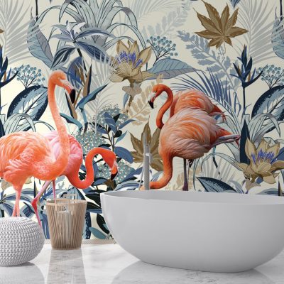 Flamingoların Zarafeti Mavi Çiçeklerle Buluşuyor Duvar Kağıdı