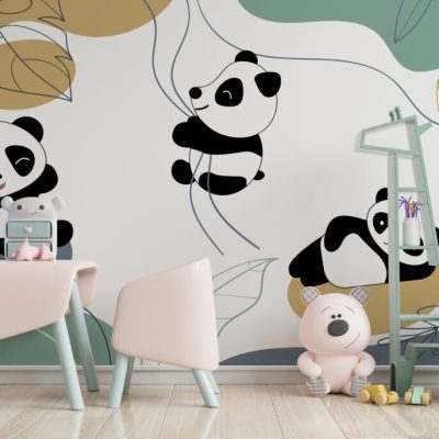Sarmaşıklara Tutunan Panda Figürlü Sevimli Duvar Kağıdı