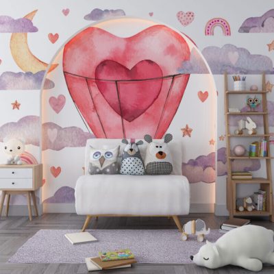 Kalpli Balon ve Bulut Figürlü Romantik Duvar Kağıdı