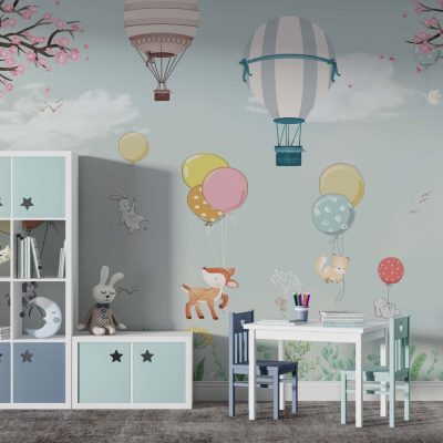 Gökyüzü Yolcuları Soft Mavi Tonlarda Uçan Balonlardaki Sevimli Hayvanların  Huzurlu Seyahati Duvar Kağıdı