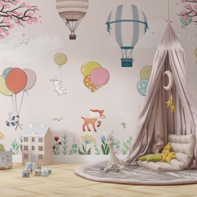 Soft Pembe Tonlarında Uçan Balonlu Sevimli Hayvanlar Duvar Kağıdı