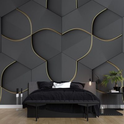 Modern Lüks Altın Detaylı Gri Geometrik  Tasarım Duvar Kağıdı
