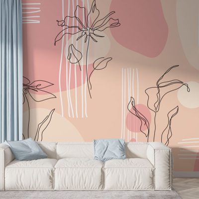 Pembe Tonlarda Çizgisel Çiçeklerin Modern Zarafeti Duvar Kağıdı