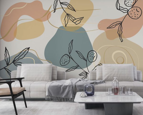 Abstract Desenler ve Çizgisel Yaprakların Modern Uyumu Duvar Kağıdı