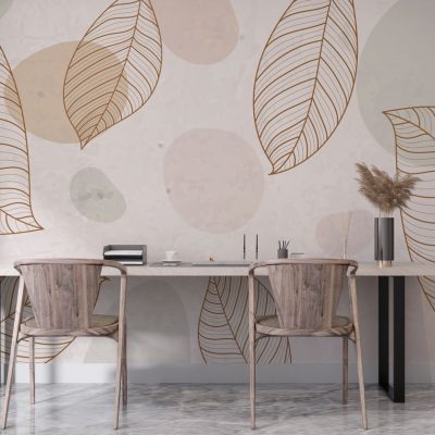 Soft Tonlarda Yapraklar ve Dairelerin Modern Uyumu Duvar Kağıdı