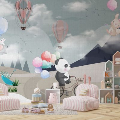 Bisikletli Panda ve Uçan Hayvanlarla Eğlenceli Duvar Kağıdı