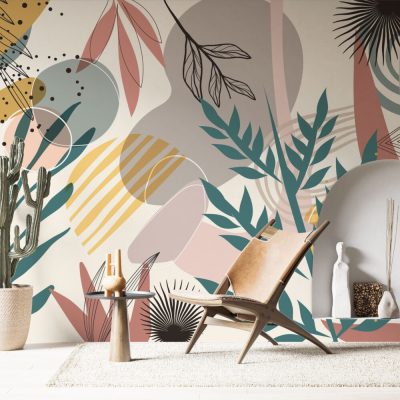 Renkli Geometrik Desenler ve Çiçeklerle Modern Duvar Kağıdı