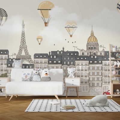 Paris Şehri ve Uçan Balonların Romantik Atmosferi Duvar Kağıdı