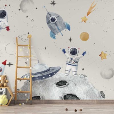 Gezegenler ve Astronotlar Temalı  Uzay Duvar Kağıdı