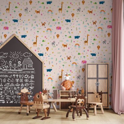 Minimalist Neşe Sevimli Hayvanlar ve Gökkuşağının Sade Uyumu Duvar Kağıdı