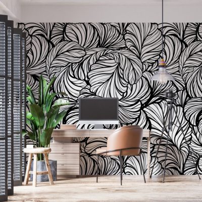 Siyah Beyaz Yapraklar Siyah Beyaz Yaprak Desenlerinin Modern ve Şık Uyumu Duvar Kağıdı