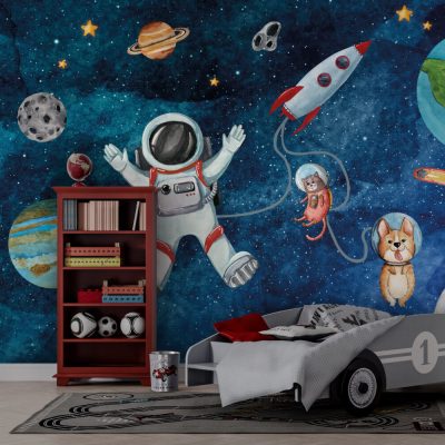 Sevimli Uzay Yolcuları Uzayda Neşeli Astronot Hayvanlar Macerası Duvar Kağıdı