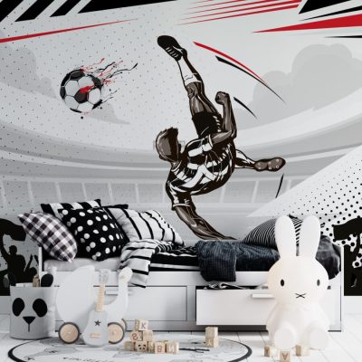 Siyahın Gücü Siyah Duvarda Futbolcu ve Topların Modern ve Şık Duruşu Duvar Kağıdı