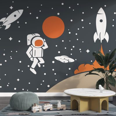Geleceğe Yolculuk Füze Ay ve Astronot Temalı Duvar Kağıdı
