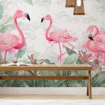 Yeşilin İçindeki Zarif Flamingo Desenleri Duvar Kağıdı
