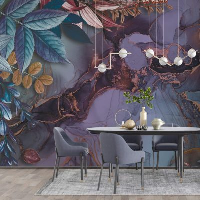 Çiçeklerin ve Mermer Deseninin Modern ve Şık Uyumu Duvar Kağıdı