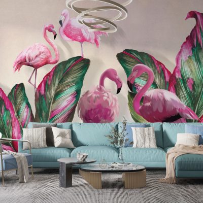 Flamingoların Zarafeti Tropikal Yapraklarla Buluşuyor Duvar Kağıdı