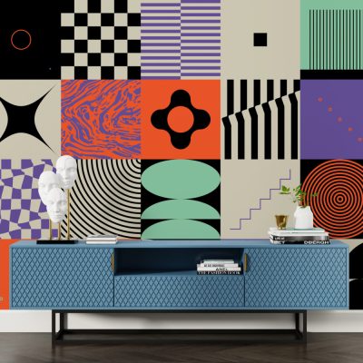 Geometrik Şekillerin Canlı Renklerle Modern Dansı Duvar Kağıdı