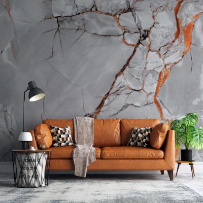 Turuncu Detaylarla Modern Mermer Dokusu Duvar Kağıdı