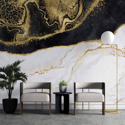 Lüks Detay Soyut Gold Damarlı Siyah Beyaz Mermer Deseninin Modern Yorumu Duvar Kağıdı