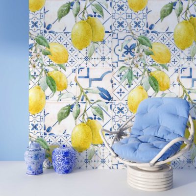 Akdeniz Esintisi Çini Desenleri ve Mis Kokulu Limon Çiçeklerinin Uyumu Duvar Kağıdı