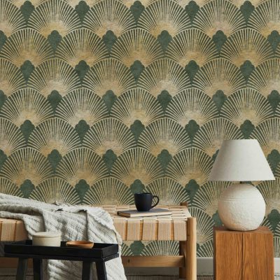 Modern Sanat Yeşil ve Altın Rengi Geometrik Şıklık Duvar Kağıdı