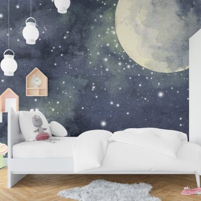 Gece ve Ayın Dansı Sulu Boya Tekniğiyle Gökyüzü Duvar Kağıdı