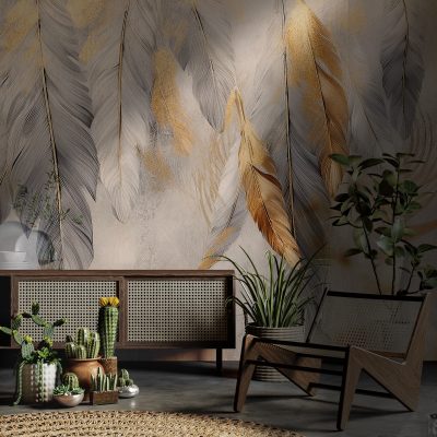 Lüks Gold ve Modern Gri Tüy Dokunuşları Duvar Kağıdı