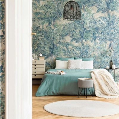 Mavi Tonlarda Minimalist Küçük Ağaç Desenleri Duvar Kağıdı