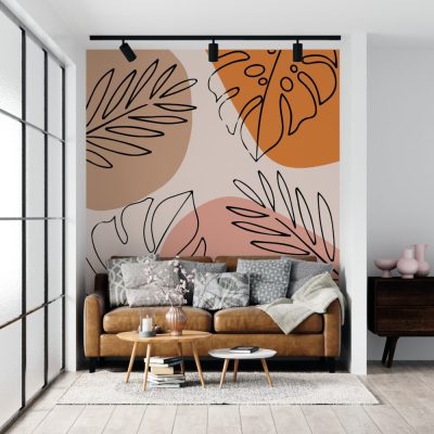 Bohem Tarzı Turuncu Yapraklarla Bezenmiş Line Art Duvar Kağıdı