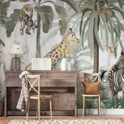 Safari Rüyası Zürafa ve Zebra Desenleriyle Duvar Kağıdı