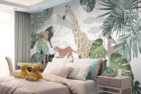 Soft Renklerde Sevimli Safari Figürleriyle Çocuk Odası Duvar Kağıdı