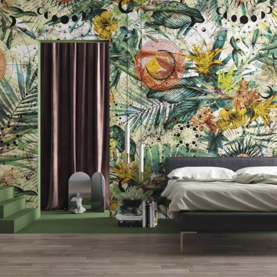 Geometrik Şekillerle Modern Çiçek Figürleri Duvar Kağıdı